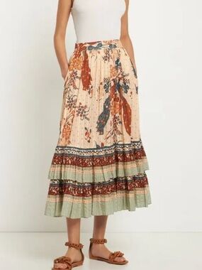 Ulla Johnson Cream Floral Tiered Pleated Midi Skirt with Rust & Sage Borders